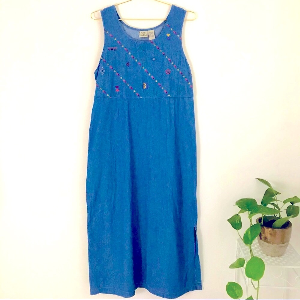 Vintage Embroidered Sleeveless Denim Jumper Maxi Column Dress